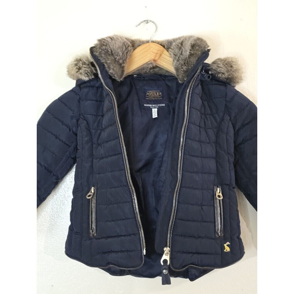 Joules Kids Navy Quilted Puffer Jacket Faux Fur Hood Size 4 Years - Picture 11 of 14